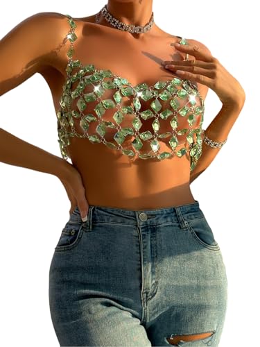 Rhinestones Body Chain Suit Silver Crystal Bikini Bra Underwear Sexy Sparkly Party Body Jewelry Accessories for Women - color: Green