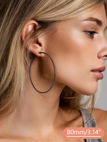 FaithHeart Silver/Black/Gold Stainless Steel Thin Hoop Earrings for Women | 2mm Wide Thin Large Hoop Earrings, Hypoallergenic Lightweight Trendy Jewelry, 20/30/40/50/60/70/80/90/100mm - color: Black, size: 80mm/3.14"