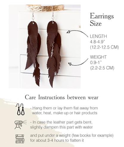 Leather Feather Earrings, Suede layered earrings, boho wedding jewelry, summer earrings, gift for her, dangle earrings - color: dark brown