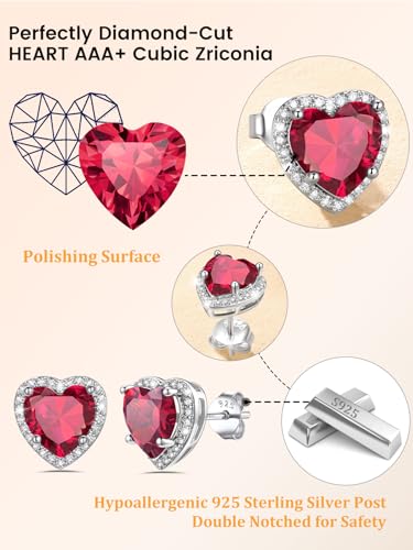 Bestyle Authentic 925 Sterling Silver 2 Carat Birthstone Earrings for Women, More Sparkle Heart/Round Solitaire Diamond Studs Earrings, Great Birthday/Christmas/Anniversary Jewelry for Wife Mother - color: 07. July Ruby-Heart