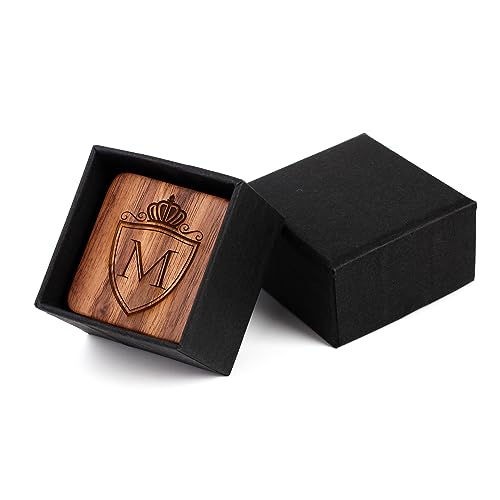 Mens Initial Silver Cufflinks A-Z Alphabet Letter Steel Cuff Links with Engraved Walnut Wood Box Groom Groomsman Wedding Set… - style: M