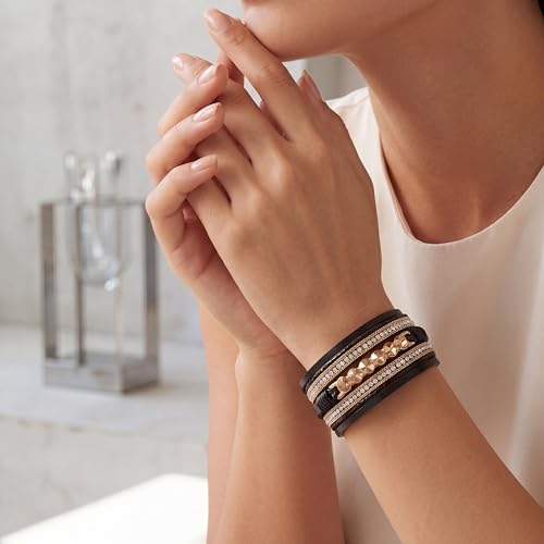 Edoneery Leather Wrap Bracelets for Women, Boho Layered Cuff Bangle | Multi-layer Leather Cuff, Daily wear, Stackable Bangle, Easy on-off, Western Jewelry Gifts for Women - color: Black-7