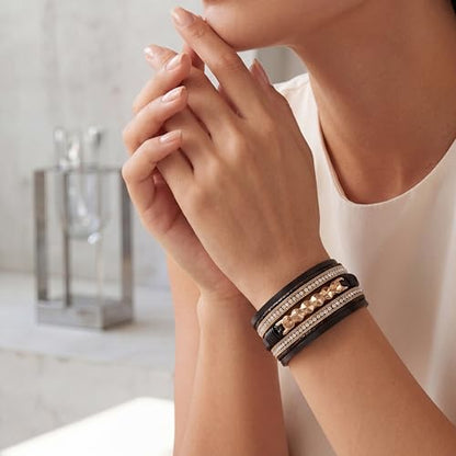 Edoneery Leather Wrap Bracelets for Women, Boho Layered Cuff Bangle | Multi-layer Leather Cuff, Daily wear, Stackable Bangle, Easy on-off, Western Jewelry Gifts for Women - color: Black-7