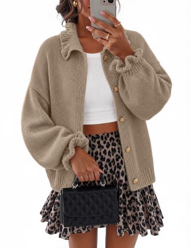 MEROKEETY Women's Fall Trendy Chunky Knit Cardigan Casual Ruffle Sweaters | Button Down, Long Sleeve, Cute Ruffle Collar, Mock Neck, Fashion Cozy Knit Sweater, Dressy Casual Winter Outerwear Clothes - color: Camel, size: X-Large