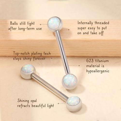 AROWRO Nipple Piercing Jewelry Nipple Rings Titanium Nipple Rings Implant Grade Hypoallergenic 14G Internally Threaded Straight Barbells with Cubic Zirconia Opal Gold Silver Rose Gold Black 12mm 14mm 16mm 18mm 20mm - color: Silver+White Opal