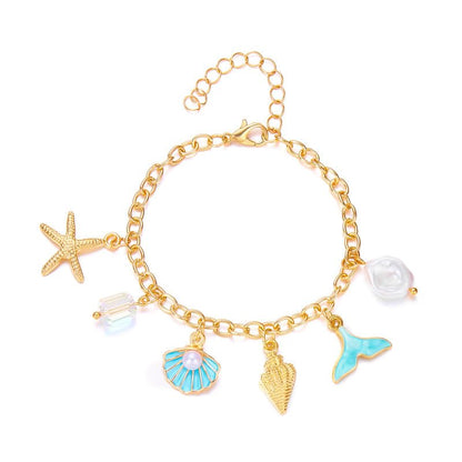 Shell Starfish Bracelet Seahorse Conch Starfish Sea Shell Pearls Charm Stone Bracelet Statement Bohemian Sea Themed Beach Jewelry for Women - color: Blue F