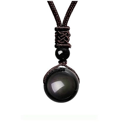Jovivi Healing Crystals Necklace Natural Tiger Eye Amethyst Lucky Blessing Protection Chakra Beads Stone Pendant for Women Men Adjustable - color: Obsidian Stone + Brown Rope