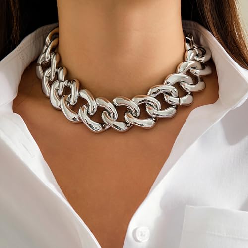 Chunky Gold Chain Necklace for Women Big Chunky Choker Necklace Gold Cuban Link Chain Necklaces Punk Hip-Hop Necklaces Costume Jewelry Gift - color: Silver03