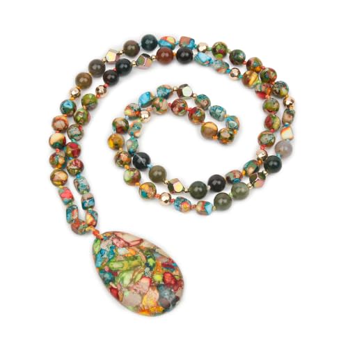 Long Necklaces for Women Boho, Oval Waterdrop Turquoise Pendant, Natural Stone Beaded, Handmade,Vintage & Elegance, Boho Fashion Charm Beaded Necklace for Women - style: R-Oval Waterdrop Jasper
