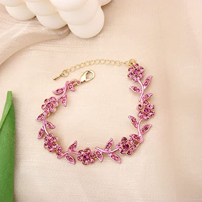 Flower Leaf Crystal Pendant Necklace Dangle Earrings Link Bracelet Bride Bridesmaid Jewelry Sets for Women Wedding Party - color: Pink-Gold Plated