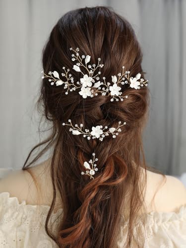 Rhinestone Pearl Hair Pins, 6 Pcs 3D Pinch White Flower Bridal Handmade Sparkling Fairy Bride Wedding Hair Pieces Leaf U Shaped Hair Accessories Headpiece Bridesmaids Women Girls Gold - color: Gold / Rhinestone White Flower