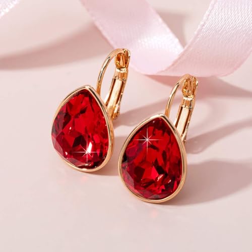 Austrian Crystal Teardrop Leverback Drop Earrings for Women | 14K Gold-Plated Finish, Sparkling Pear Stone, Smooth Bezel Frame, Secure Leverback Closure, Dainty Day-To-Evening Style - color: Ruby