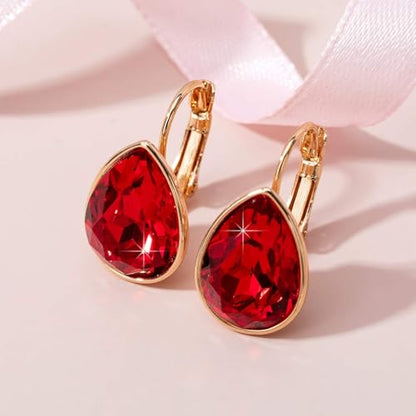 Austrian Crystal Teardrop Leverback Drop Earrings for Women | 14K Gold-Plated Finish, Sparkling Pear Stone, Smooth Bezel Frame, Secure Leverback Closure, Dainty Day-To-Evening Style - color: Ruby
