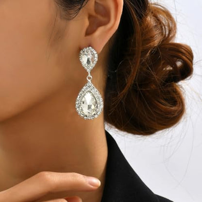 Elegant Rhinestone Statement Earrings Sparkly Cluster Crystal Drop Dangle Earrings Teardrop Chandelier Earrings Wedding Bridal Prom Earrings for Women - color: B:silver
