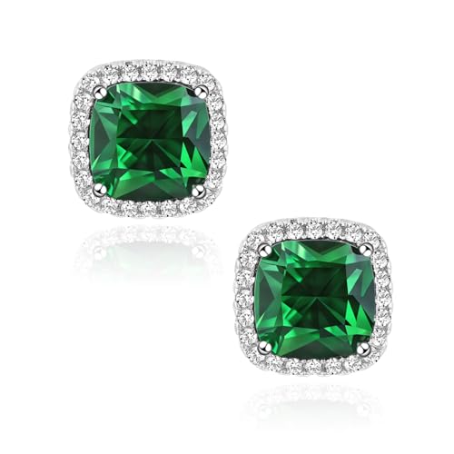 Square Cubic Zirconia Earrings Stud 7mm Birthstone Studs Earrings Hypoallergenic Princess Cut Earrings 925 Sterling Silver Post Studs Earrings for Women - color: Emerald