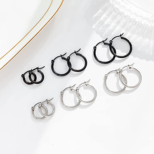 5-10 Pairs Small Gold Silver Hoop Earrings for Women, Stainless Steel Earrings Set Mens Lightweight Thin Hypoallergenic Small Hoops Set - style: 6pcs-Black+Silver