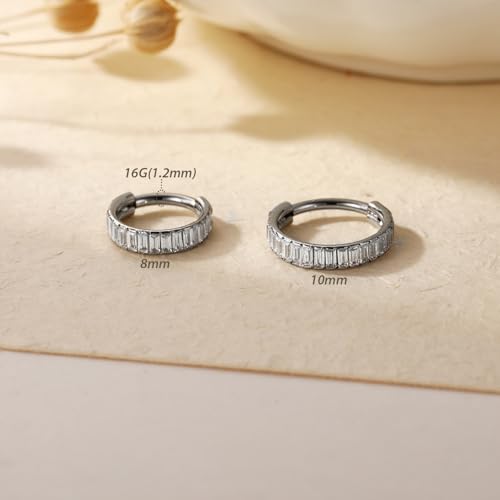 FUNLMO 316L Surgical Steel Hinged Segment Ring Conch Helix Septum Piercing Jewelry Nose Ring Hoop Cartilage Huggie Earring Baguette Gems Thick Hoop Earring - color: Silver