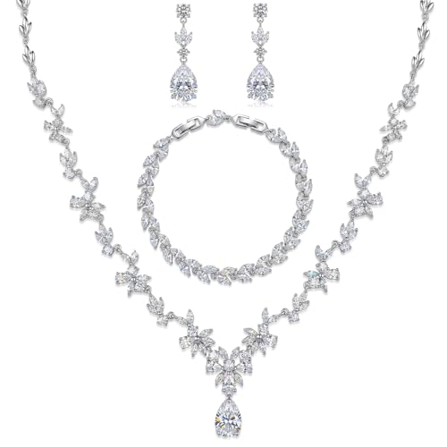 Jewelry Set for Women, Necklace Dangle Earrings Bracelet Set with White AAA Cubic Zirconia, Allergy Free Wedding Party Jewelry for Bridal Bridesmaid - color: Necklace + Earrings + Bracelet