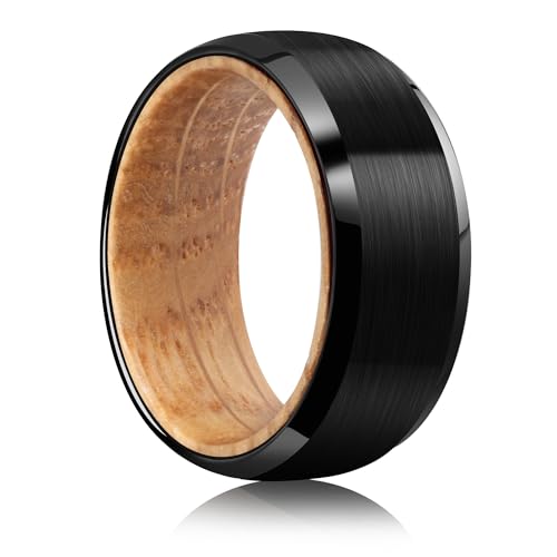 Tungsten Rings for Men Womens 8mm Black Silver Fashion Promise Wedding Band Carbide Inner Hole Inlaid Whiskey Barrel Wood Chamfer Frosted Matte Finish Edge Comfort Fit size 7-12 - color: black Barrel wood guide angle