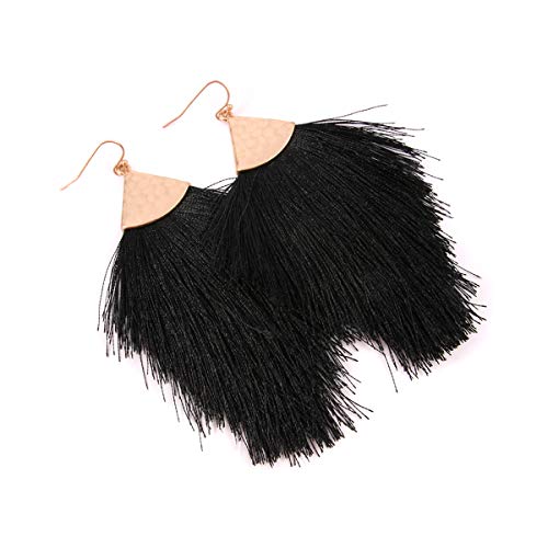 Bohemian Silky Thread Fan Fringe Tassel Statement Earrings - Lightweight Strand Feather Shape Dangles - color: Feather Fringe - Black