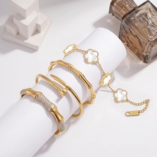 Stackable Gold Bracelets for Women - 4 Sets, 18K Gold Plated Bracelets, Stainless Steel Bangle Bracelets Non-Tarnish, Stylish Gold Jewelry Ensemble, Valentine's Day, Birthday and Christmas Jewelry Gifts - color: A7-(Gold 4Sets)