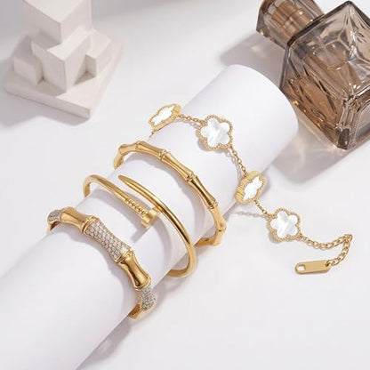 Stackable Gold Bracelets for Women - 4 Sets, 18K Gold Plated Bracelets, Stainless Steel Bangle Bracelets Non-Tarnish, Stylish Gold Jewelry Ensemble, Valentine's Day, Birthday and Christmas Jewelry Gifts - color: A7-(Gold 4Sets)