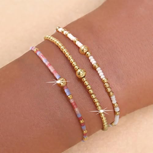 Gold Beaded Bracelet Stack for Women Colorful Small Seed Beads Bracelets Set Boho 14K Gold Plated Ball Stackable Stretch Non-Tarnish Dainty Jewelry Trendy Accessory Friendship Gift - color: pink and white