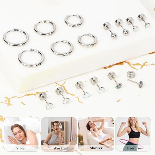 Surgical Steel Earrings for Sensitive Ears Hypoallergenic 20G Stainless Steel Stud Hoop Earrings for Women Men Small Opal Ball CZ Surgical Steel Flat Back Earrings Cartilage Earrings Hoop Stud - color: Silver