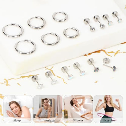Surgical Steel Earrings for Sensitive Ears Hypoallergenic 20G Stainless Steel Stud Hoop Earrings for Women Men Small Opal Ball CZ Surgical Steel Flat Back Earrings Cartilage Earrings Hoop Stud - color: Silver