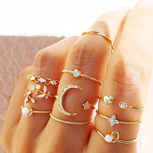 GIGB PBDK 14K Gold Vintage Knuckle Rings Set for Women,Boho Dainty Stackable Rings Midi Hollow Finger Rings Sparkle Knuckle Rings Moon Heart Wing Fashion Ring Pack Jewelry Gifts