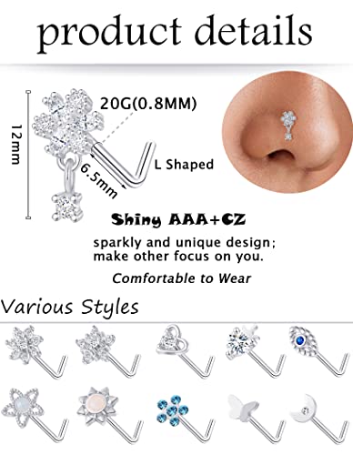 Akeoqi 12Pcs Nose Rings Stud L Shape Nose Rings Cubic Zirconia Butterfly Flower Eye Moon Crown Heart Lightning Shape Nose Studs Piercing Jewelry for Women Men Silver Gold Plated 20G - style: E:Snake&Silver