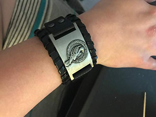 GelConnie Viking Bracelet Punk Leather Cuff Bracelet Gothic Leather Wristband Bracelet with Nordic Amulet Scandinavian Talisman Celtic Pagan Jewelry - color: Black Bird