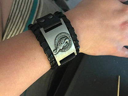 GelConnie Viking Bracelet Punk Leather Cuff Bracelet Gothic Leather Wristband Bracelet with Nordic Amulet Scandinavian Talisman Celtic Pagan Jewelry - color: Black Bird