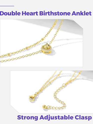 Richsteel Double Layer Heart/Butterfly Birthstone Anklet for Women | Non Tarnish Waterproof, Silver/Gold/Black Stainless Steel 8.5-10.5 Inch Adjustable Chain Anklets Summer Beach Foot Jewelry - color: Gold Heart-11 Nov.(Yellow Topaz)