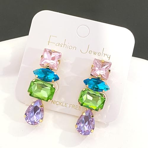 Dainty Sparkly Crystal Square Teardrop Circle Dangle Drop Earrings Long Chic Glitter Rhinestones Geometry Stud Earrings For Women - style: Colorful