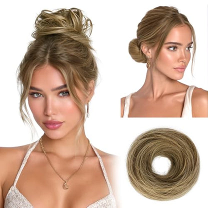 RUWISS 100% Human Hair Bun Small Messy Bun Hair Piece, One Hairpiece Two Styles Mini Natural Looking Scrunchies Updo for Daily, Hair Buns for Women Ponytail (Brown with Warm Blonde Highlights) - color: 4/18# Brown with Warm Blonde Highlights