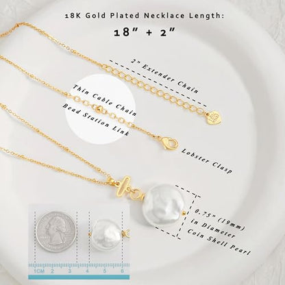 Aobei Pearl 18K Gold Plated Pendant Necklace for Women Dainty Gold Chain Choker Love Heart Disc Coin Pearl Cross Toggle Jewelry - style: Coin Pearl