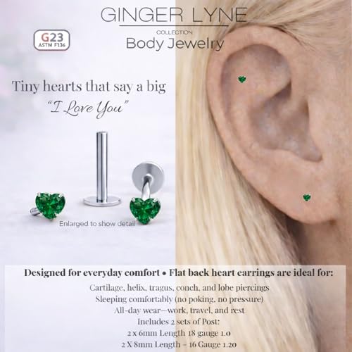 Titanium Heart CZ Labret Stud Earrings for Piercings by Ginger Lyne 6Pc Set G23 Screw Front Flat Back Body Jewelry 2 pair post 6mm, 8mm Cartilage, Helix, Tragus, Lip, Conch, Lobe - color: 3mm-DkGreen