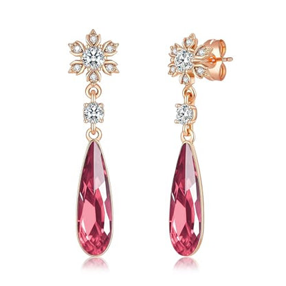 Austrian Crystal Teardrop Earrings Flower Dangle Earrings for Women 14K Gold Plated Drop Stud Earrings Hypoallergenic Jewelry - color: Rose Pink