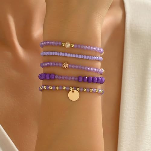 Bohemian Handmade Crystal Seed Beads Disc Pendant Colorful Multilayered Elastic Bracelets Stackable Stretch Strand Bangles Friendship Summer Beach Jewelry for Women - color: purple