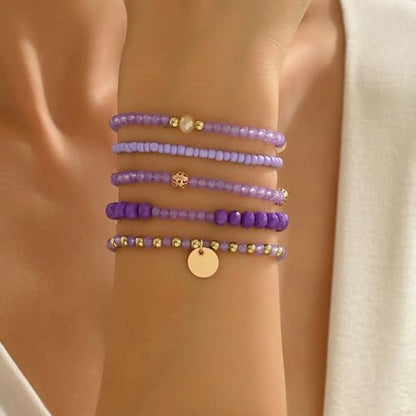 Bohemian Handmade Crystal Seed Beads Disc Pendant Colorful Multilayered Elastic Bracelets Stackable Stretch Strand Bangles Friendship Summer Beach Jewelry for Women - color: purple