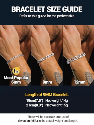 PROSTEEL Bracelets for Men, Figaro/Cuban Mens Bracelet, Silver/Gold/Black | 6/9/13mm Width, 7.5/8.3/9" Length, Stainless Steel Mens Bracelet, Durable & Non Tarnish, Chunky Jewelry with Gift Box - style: B 9mm-Figaro-Sliver