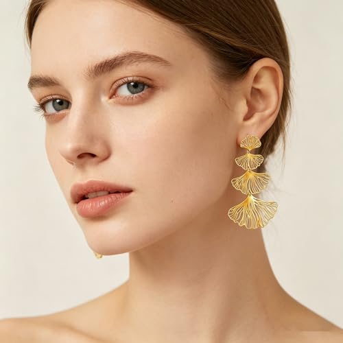Gold Statement Earrings For Women, 14K Gold Plated Textured Geometric Drop Earrings - Hypoallergenic Stainless Steel Statement Earrings for Women, Waterproof Fan-Shaped Dangle Earrings for Beach & Daily Wear - color: Ginkgo Leaf DKE252038GL