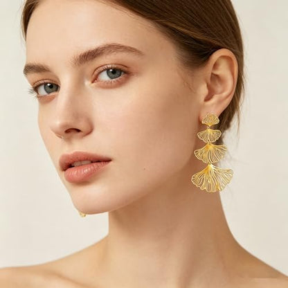 Gold Statement Earrings For Women, 14K Gold Plated Textured Geometric Drop Earrings - Hypoallergenic Stainless Steel Statement Earrings for Women, Waterproof Fan-Shaped Dangle Earrings for Beach & Daily Wear - color: Ginkgo Leaf DKE252038GL