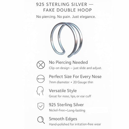 Fake Double Hoop Helix Piercing Ear Cuff - 14K Gold Filled, 925 Sterling Silver, Black Silver Ear Cuffs - Faux Helix Hoop Earring - Clip On Fake Piercing Jewelry - Ear Cuffs Non Piercing - color: 925 Silver