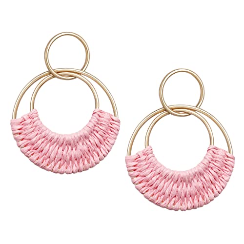 Raffia Hoop Earrings for Women Fun Boho Summer Beach Earrings Lightweight Handmade Straw Wicker Rattan Dangle Earrings Statement Geometric Round Drop Earrings - color: Pink - Round