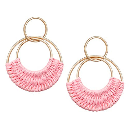 Raffia Hoop Earrings for Women Fun Boho Summer Beach Earrings Lightweight Handmade Straw Wicker Rattan Dangle Earrings Statement Geometric Round Drop Earrings - color: Pink - Round
