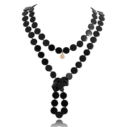 Firstmeet Flat Round Coin Shell Beads Long Knotted Necklace Natural Mother of Pearl Handmade Jewelry For Women - color: Black
