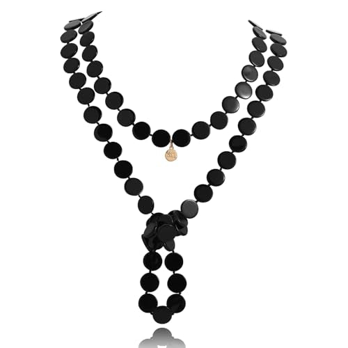 Firstmeet Flat Round Coin Shell Beads Long Knotted Necklace Natural Mother of Pearl Handmade Jewelry For Women - color: Black