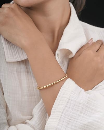 Gold Bamboo Bangle Bracelet for Women – 18K Gold Plated Stainless Steel Slip-On Oval Bangle – Hypoallergenic Waterproof Tarnish Resistant – Minimalist Stackable Jewelry – Gift for Her
